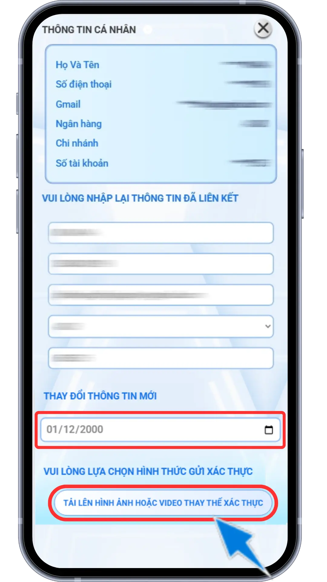 Bước 3 : Điền đầy đủ thông tin đăng ký tài khoản >> Nhập ngày sinh mới >> Chọn tải hình ảnh hoặc video